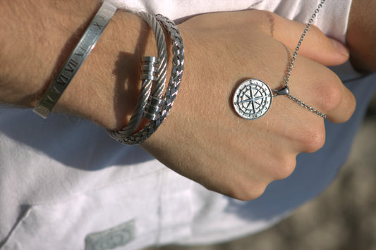 Set de pendiente de compas con pulsera de diseño girante (plateado)